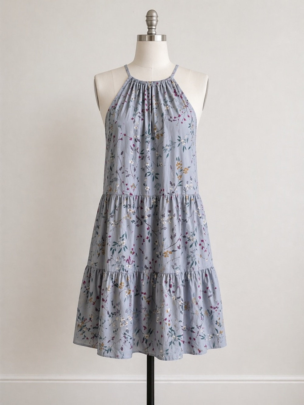 A new day Light Blue Floral Dress w/Pink & Mustard, High Neck Halter Size XXL